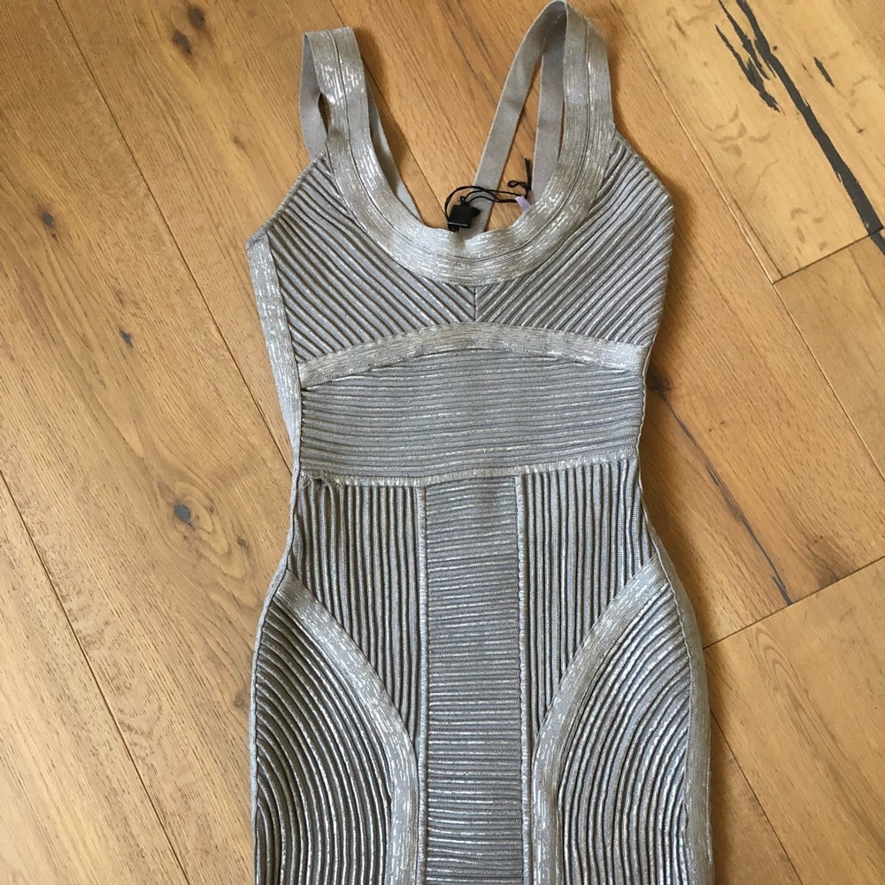 Herve Leger Sleeveless Metallic Silver Dress
